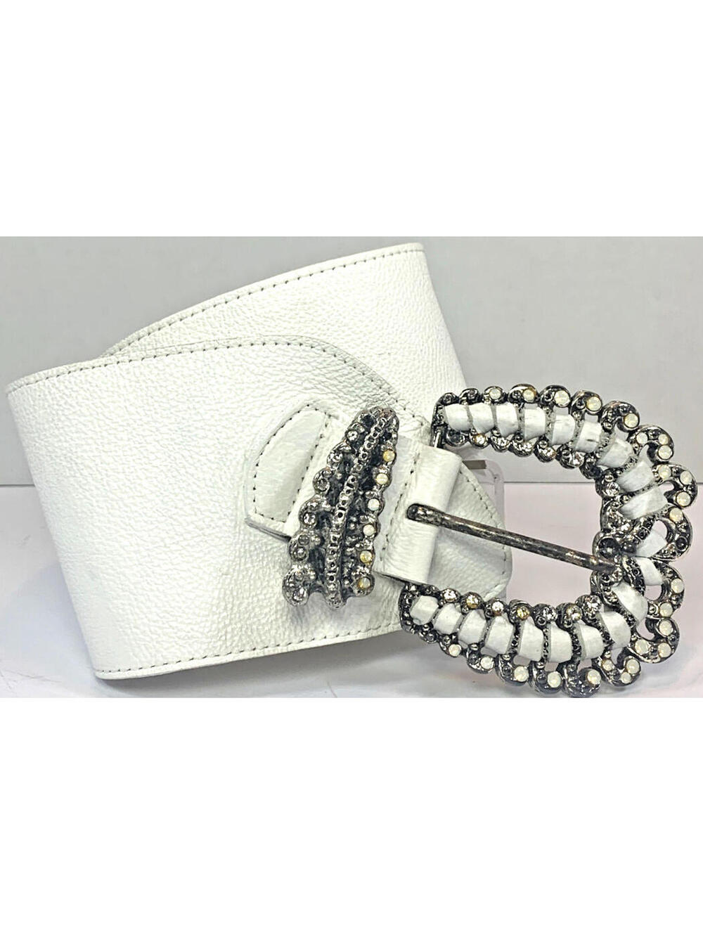 Leatherock Pave Wide White Leather Belt Rhinestones Western Wrapped Buckle Sz 30